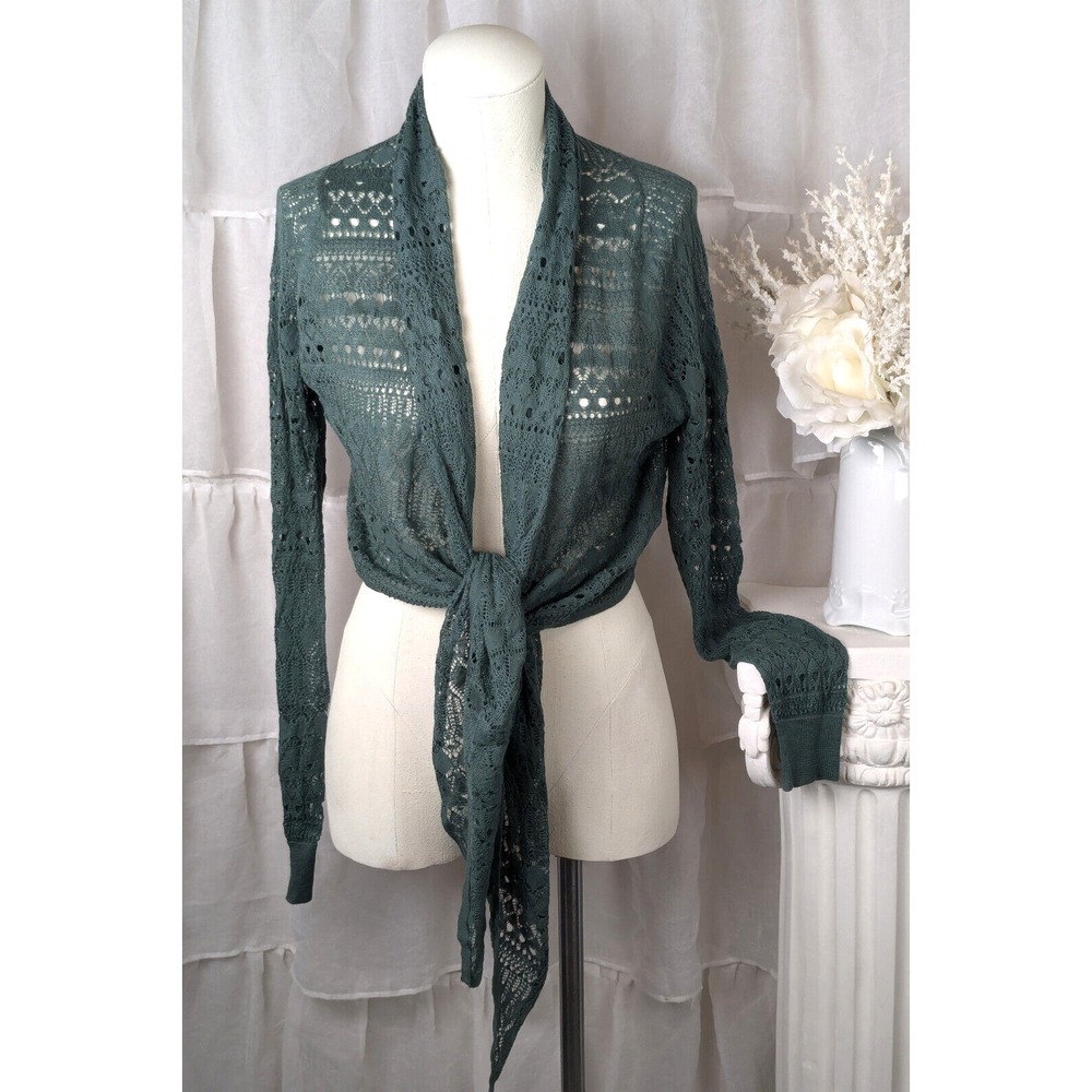 Peruvian Connection Green Crochet Open Bolero Cardigan Size M - Picture 4 of 13